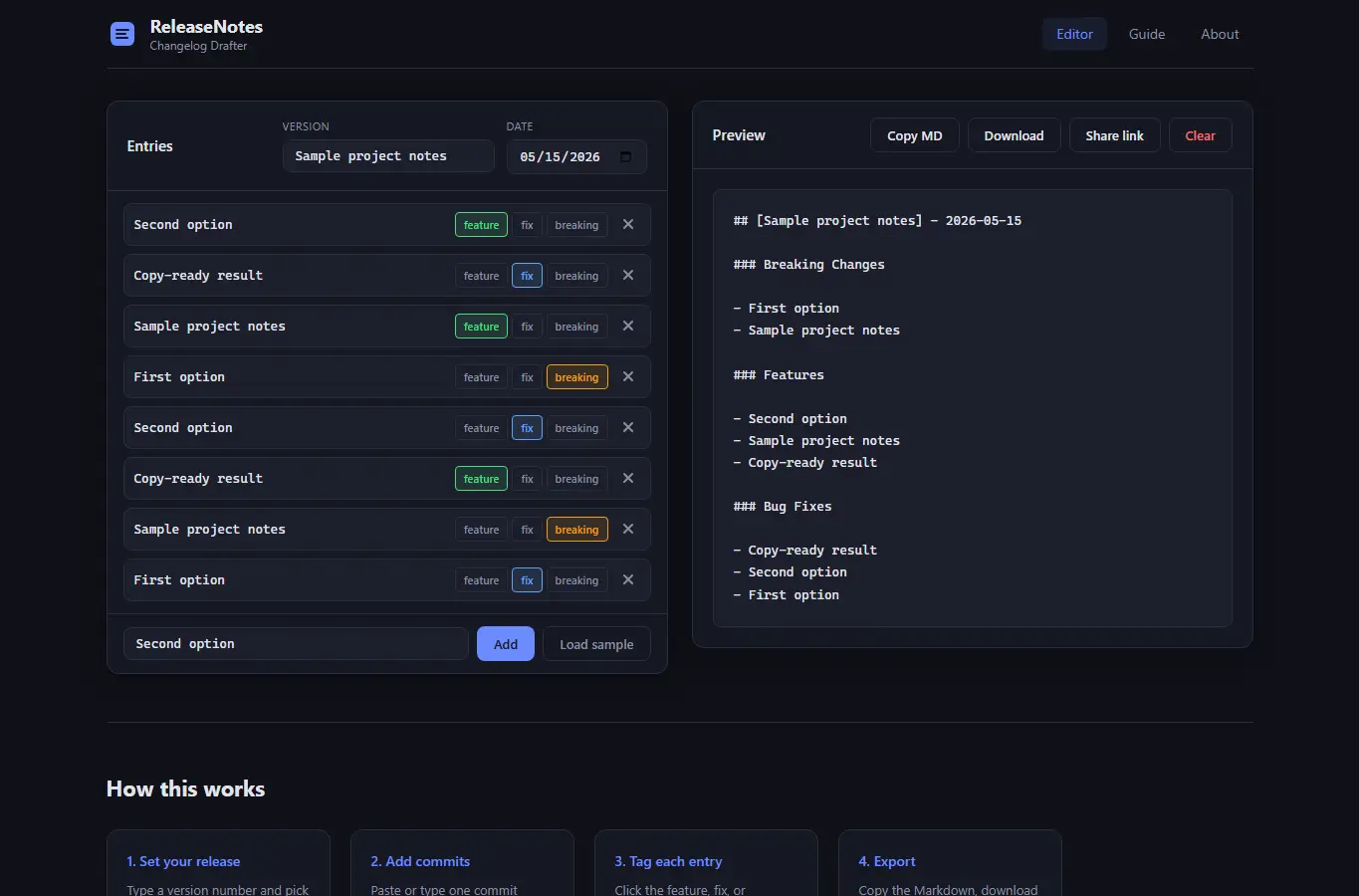 Screenshot of ReleaseNotes: Changelog Drafter interface showing the project page in use